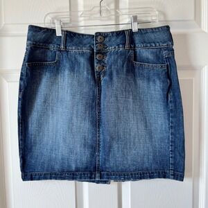 Lei Ashley Denim Mini Skirt Womens Blue Embroidered Button Up Ultra Low Rise‎